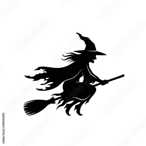 Spooky witch silhouette flying on broomstick ready for Halloween, perfect for creating a haunting atmosphere and designs with eerie magic.