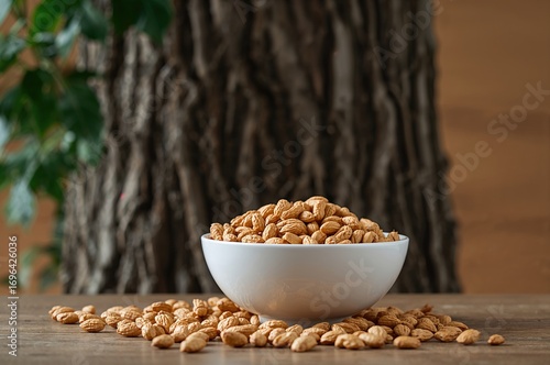 White bowl of peanuts set a...