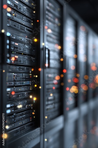 Server racks filled with electronics, lights flickering, depth of field creating bokeh effect, cool tone palette
