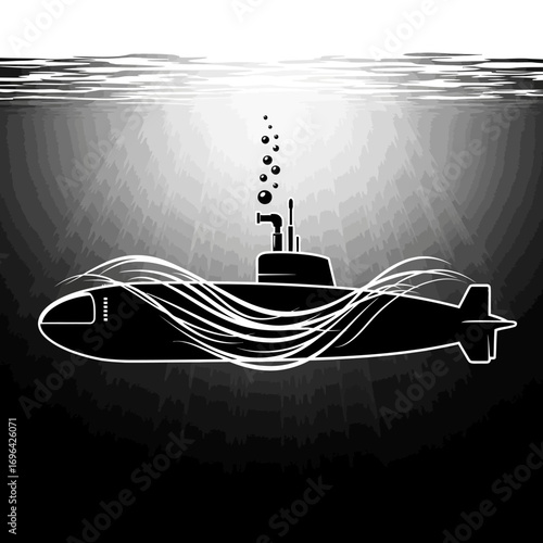 Dynamic black and white illustration of a submarine exploring the depths of the ocean with bubbles rising towards the surface, perfect for maritime projects
