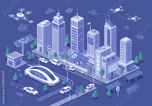 Isometric Smart City of the Future Illustrating Advanced Urban Development with Autonomous Vehicles, Aerial Drones, and Sustainable Energy Infrastructure