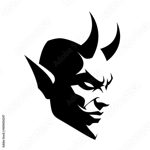 Evil demon face in black and white, perfect for edgy branding, Halloween designs, or adding a dark, sinister vibe to your creative projects