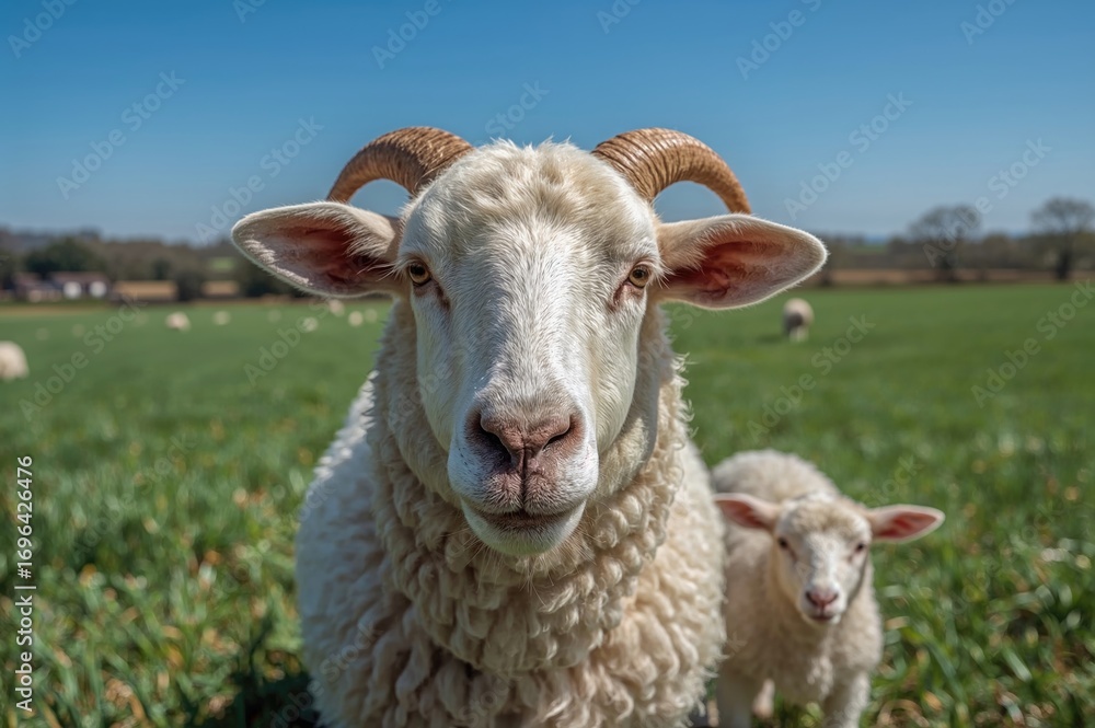 Fototapeta premium Detailed view of a white sheep featuring amusing ears