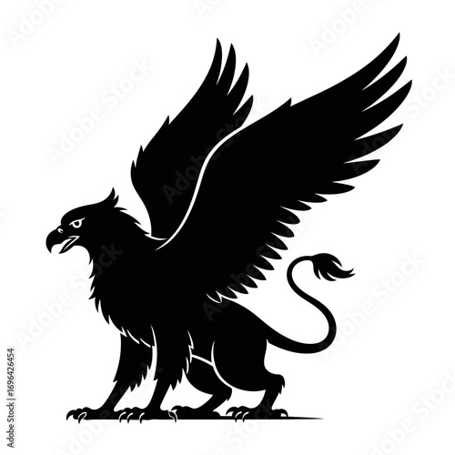 Majestic black griffin silhouette soaring with powerful wings, embodying strength, heraldry, and fantasy for professional branding and design projects