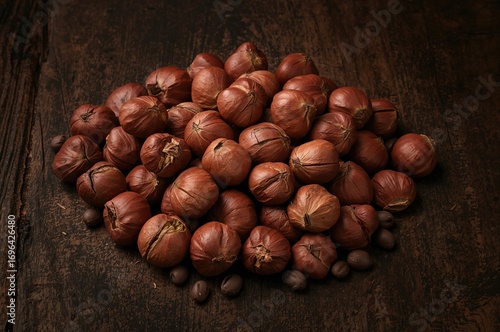 Tasty hazelnuts on a dark b...