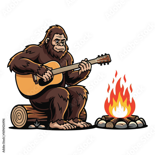 Bigfoot with Guitar Funny Campfire Sasquatch Cartoon