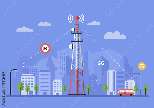 Urban 5G communication tower broadcasting wireless signals across a modern cityscape with buildings and transportation
