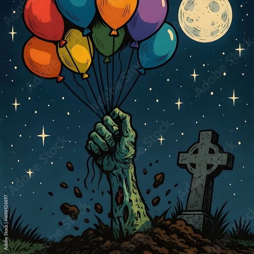 Zombie hand rising from grave holding balloons under full moon illustration