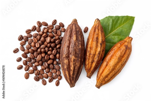 Fresh cocoa pods alongside ...