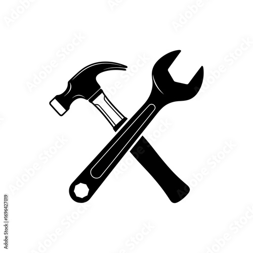 Professional handyman tools crossed hammer and wrench logo perfect for construction, repair, and DIY projects, offering reliability and service