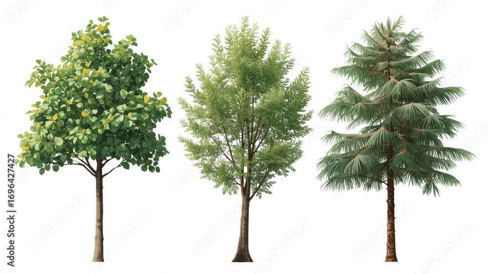 Fototapeta premium Three Diverse Tree Species Deciduous, Broadleaf, and Coniferous Trees Isolated on Transparent Background