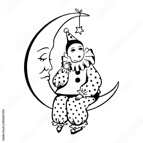 clown sitting on a crescent moon