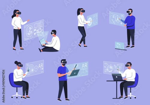 Diverse individuals using virtual reality headsets interact with holographic interfaces, showcasing various applications of VR technology.