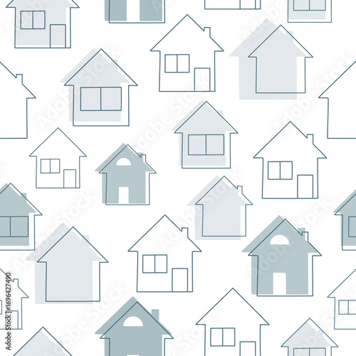 House. Seamless pattern of house, building. Hand drawn. Vector