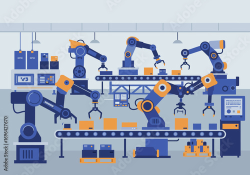 Automated factory assembly line with multiple robotic arms precisely manipulating boxes on conveyor belts, illustrating modern industrial production.