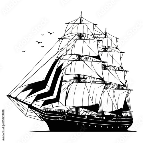 Majestic tall ship with full sails glides across the ocean waves, evoking adventure and historical exploration, a symbol of freedom and discovery for maritime themes