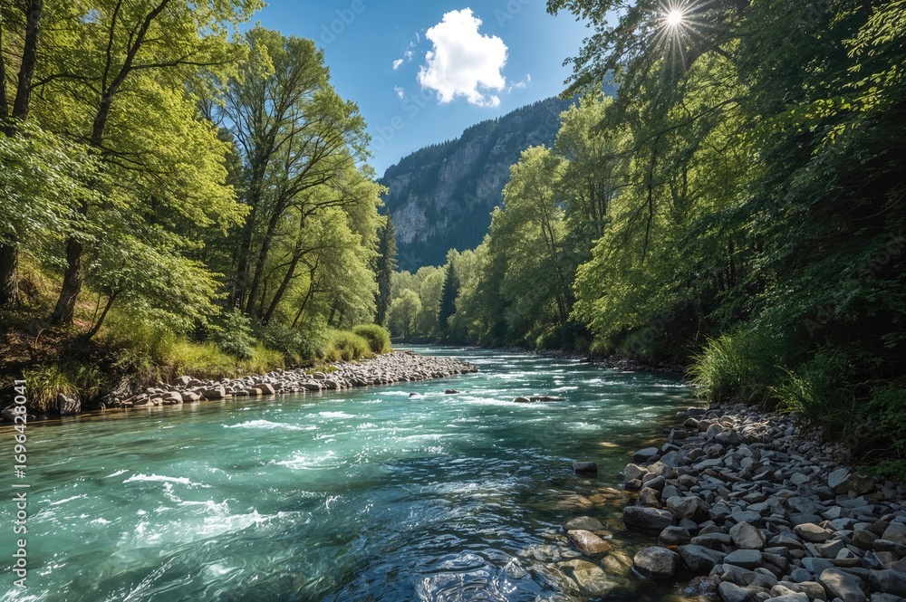 Fototapeta premium Transparent river runs through a deep gorge surrounded by lush greenery
