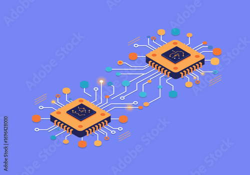 Isometric illustration of two interconnected computer processors with intricate circuit board designs, showcasing technology.