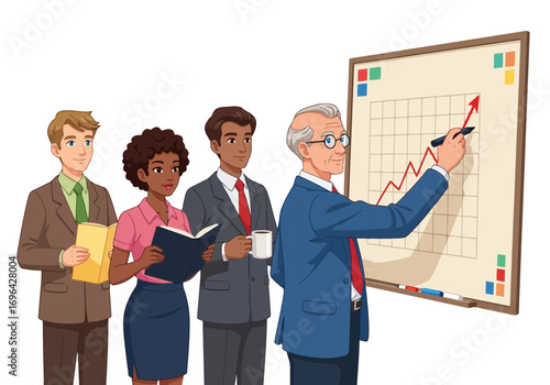 Vector art of diverse group of business professionals gathered around a whiteboard, with one man pointing to a rising graph indicating growth and success