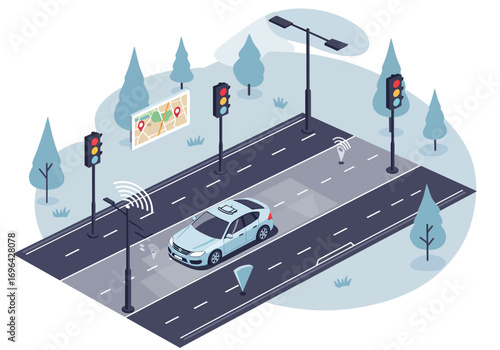 Isometric illustration of a self-driving car navigating a city street with traffic lights, map display, pedestrian, and trees.