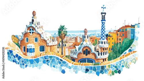 Park Guell. Park Guell watercolor vector illustration