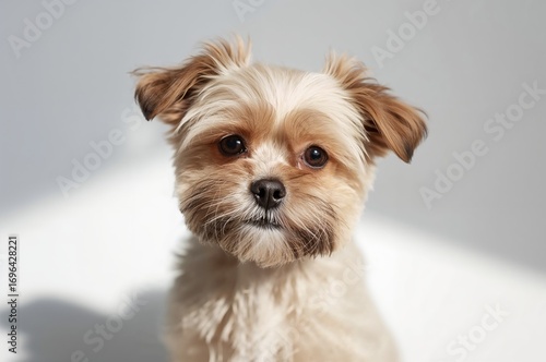 Adorable puppy against a pl...