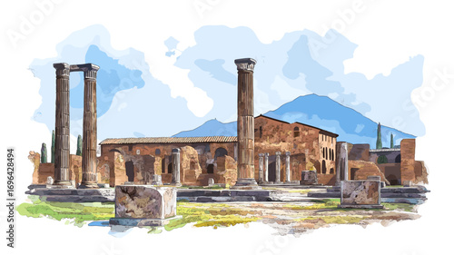 Pompeii Ruins. Pompeii Ruins watercolor vector illustration