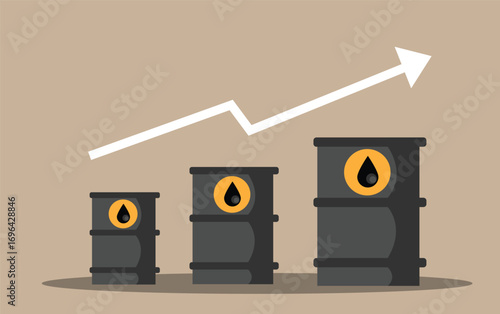 Barrels with Oil Precious Goods Price Rising Flat Style. Economy fuel trading and production vector art