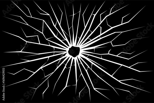 Broken Glass Shatter Effect on Black Background for Realistic Damage Design, Horror Themes, or UI Overlays. Great for Games and Visual Effects. Shattered broken glass. Vector Illustration.
