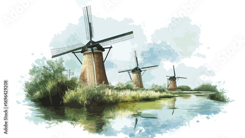Windmills of Kinderdijk. Windmills of Kinderdijk watercolor vector illustration