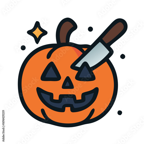 Halloween pumpkin vector with scary face and knife. Perfect for spooky design, party invitation, poster, horror decoration, and seasonal celebration