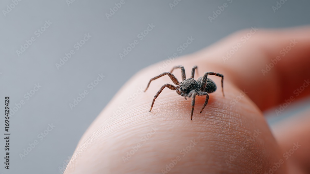 Obraz premium Close up view of a small spider crawling across human skin, emphasizing the intricate and delicate interaction between humanity and the natural world surrounding us
