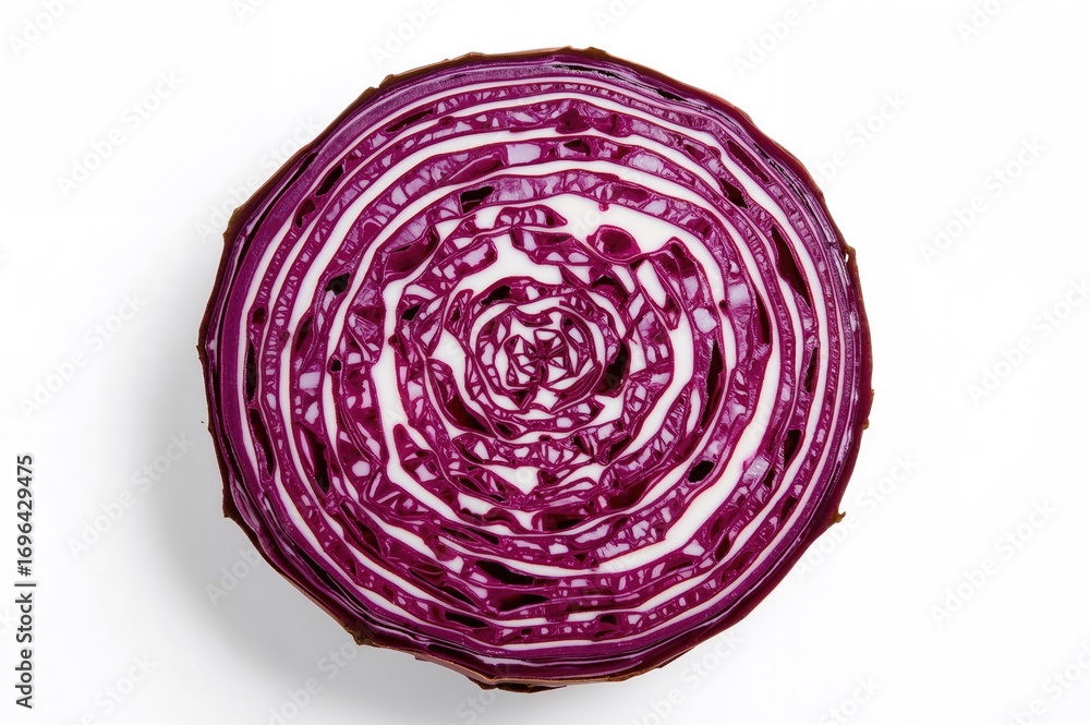 Fototapeta premium Cabbage sliced to show interior against a plain white backdrop