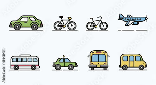 Vector icons collection illustrating diverse modes of transport showcasing a car bicycle airplane bus and taxi