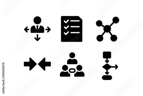 flat black solid icon items isolated on white background: task coordination checklist sheet network nodes arrows join group plan flow