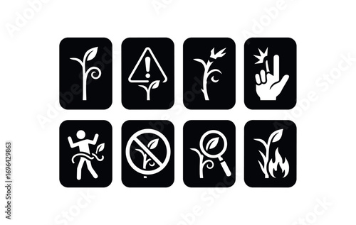 flat black solid icon 8 different items each item inside solid rounded rectangle safety placard no shadows no gradients vine shoot tip hazard sharp vine shoot tip broken vine shoot tip