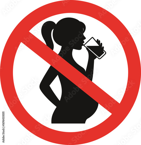 Silhouette of pregnant person drinking with red prohibition symbol highlighting alcohol warning during pregnancy for health awareness design