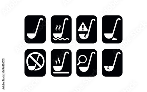 flat black solid icon 8 different items each item inside solid rounded rectangle safety placard no shadows no gradients ladle scoop hazard hot ladle scoop surface broken ladle scoop warning