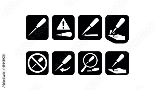 flat black solid icon 8 different items each item inside solid rounded rectangle safety placard no shadows no gradients awl chisel hazard sharp awl chisel edge broken awl chisel warning awl