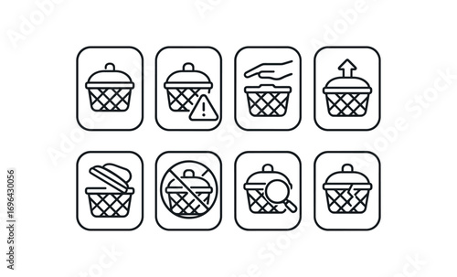 simple outline stroke icon 8 different each item inside rounded rectangle safety placard border no shadows no gradients basket lid hazard broken basket lid warning basket lid pinch hazard
