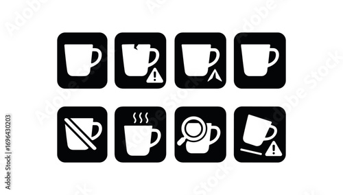 flat black solid icon 8 different items each item inside solid rounded rectangle safety placard no shadows no gradients cup rim edge hazard broken cup rim edge warning sharp cup rim edge