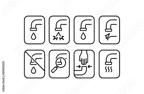 simple outline stroke icon 8 different each item inside rounded rectangle safety placard border no shadows no gradients pipe spout hazard broken pipe spout warning pipe spout leak hazard