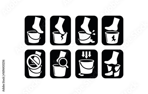 flat black solid icon 8 different items each item inside solid rounded rectangle safety placard no shadows no gradients bucket foot hazard broken bucket foot warning bucket foot slip hazard