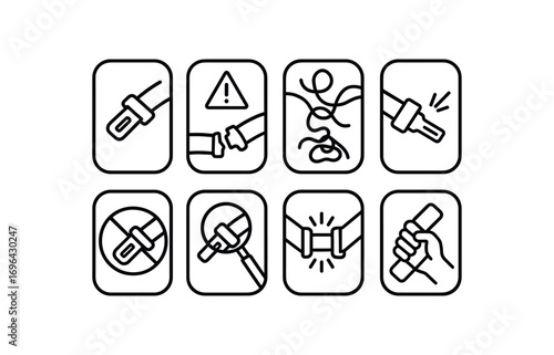 simple outline stroke icon 8 different each item inside rounded rectangle safety placard border no shadows no gradients strap tongue hazard broken strap tongue warning strap tongue
