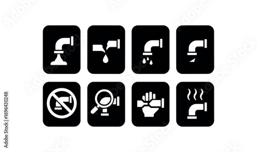 flat black solid icon 8 different items each item inside solid rounded rectangle safety placard no shadows no gradients pipe spout hazard broken pipe spout warning pipe spout leak hazard