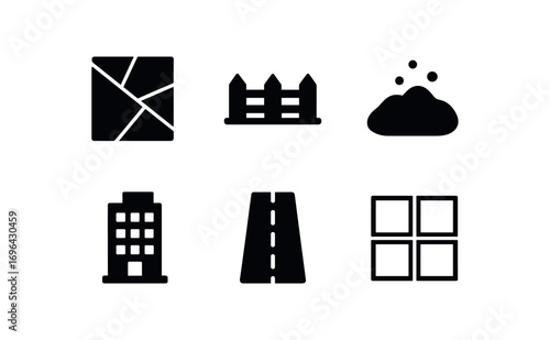 flat black solid icon items isolated on white background: field area fenced ground soil patch building road line plot grid