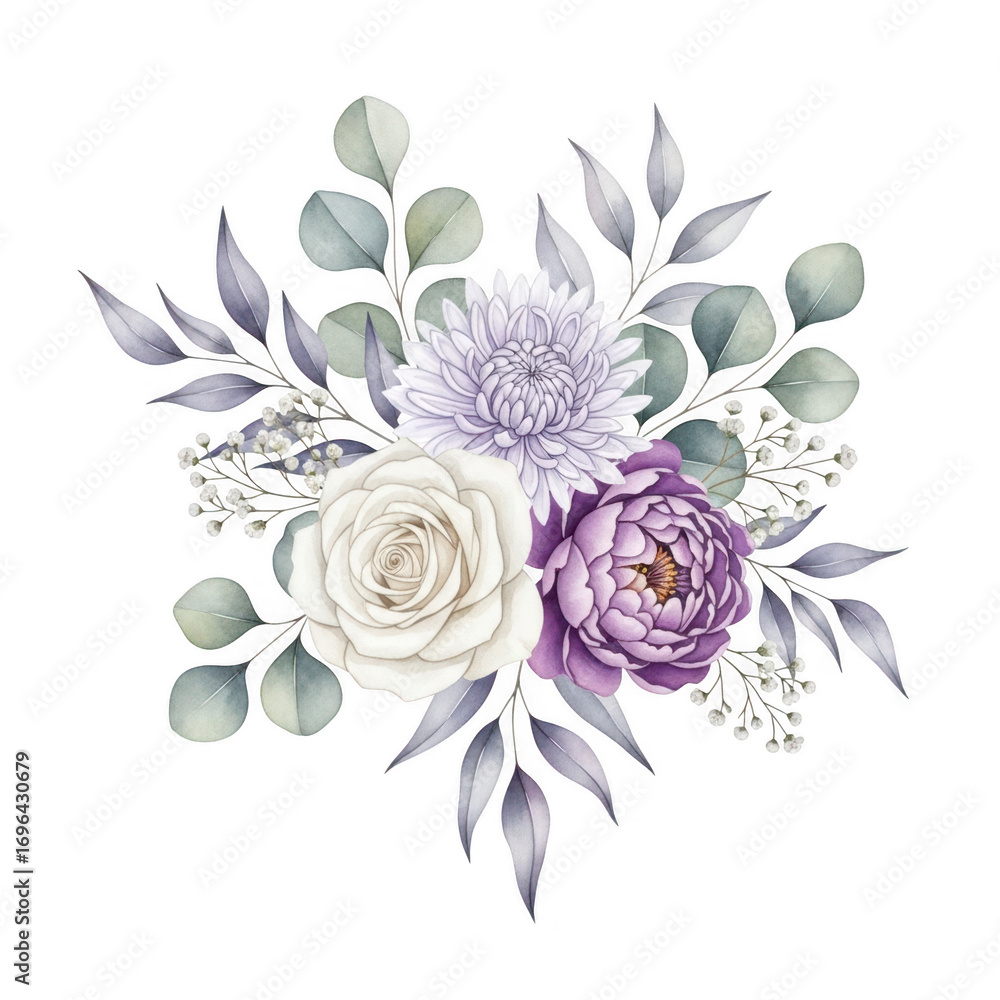 Fototapeta premium Elegant floral bouquet with roses and eucalyptus isolated on transparent background