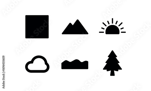 flat black solid icon items isolated on white background: background mountain line sky glow cloud arc distant ridge tree edge