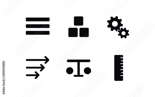 flat black solid icon items isolated on white background: proper alignment stacked blocks gear mesh arrow flow balance line ruler edge