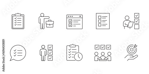 done. goals. progress icons. icons. This icon set shows tasks, teamwork, and progress tracking. The simple line style makes it perfect for business and productivity use.
